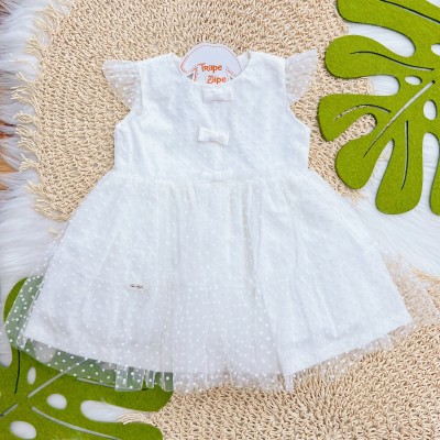 Vestido Manga Curta em Tule Poá com Lacinhos - Off White